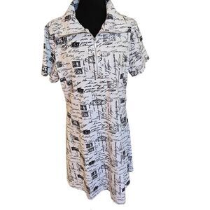 Parsley and Sage Womens Graphic Print 1/4 Zip Shirt Mini Dress Black White Large